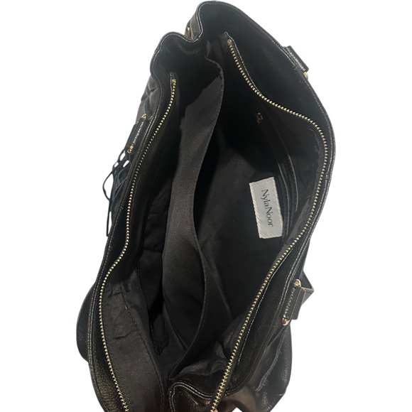 Nyla Noor Bohemian Soho Pebbled Leather Patchwork Seam Tassel Shoulder Bag Black - Picture 5 of 5